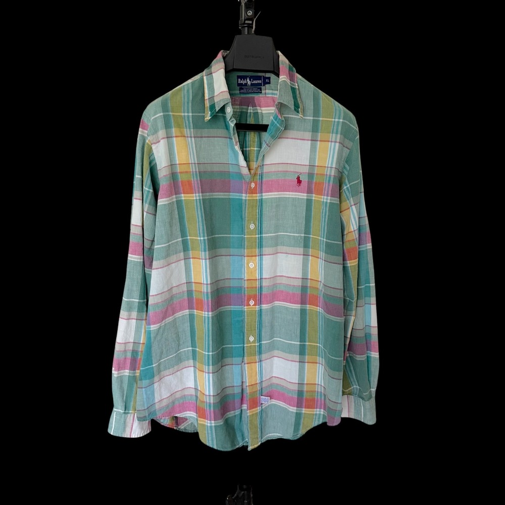 80's Ralph Lauren XL Madras Plaid Button Down Shirt Green Pink Cotton LS